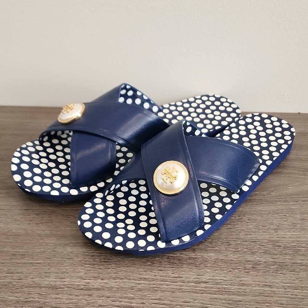 Tory Burch Navy and White Polka Dot Sandals